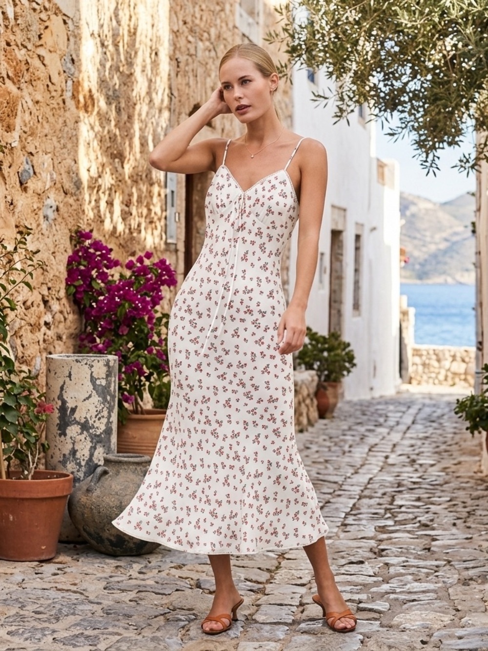 Ciao Lucia sz M Natala Ivory Floral Coquette Slip Midi Dress Jardin